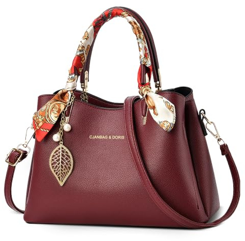 FORRICA Handtasche Damen Henkeltaschen mit Exquisiter Anhänger Elegant Umhängetasche PU Leder Schultertasche für Reisen Bankett Shopper Dunkelrot