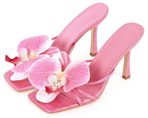 blingqueen Orchid Heels for Women Slip On Floral Heels with Flowers Stilettos Open Toe Heeled Mules Kitten Slide Sandals Square Toe Thong Sandals Rose Strappy Orchid Pole Dance Shoes Size 6