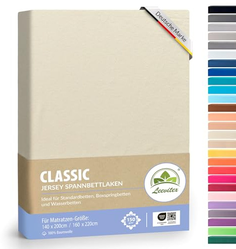 leevitex® Classic Jersey Spannbettlaken 140x200 – 160x220 cm | 150 GSM Baumwolle | Öko-Tex Zertifiziert | für Standard-, Boxspring- und Wasserbetten | 40 cm Steghöhe | 1er Pack | Creme