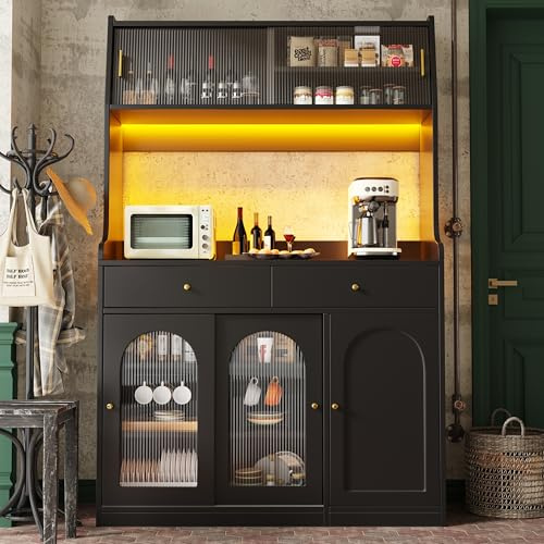 Merax Armadio da cucina a buffet con credenza a LED, per cucina, con piano di lavoro, porta scorrevole in vetro, cassetti, ripiani regolabili, moderno armadietto a microonde, nero