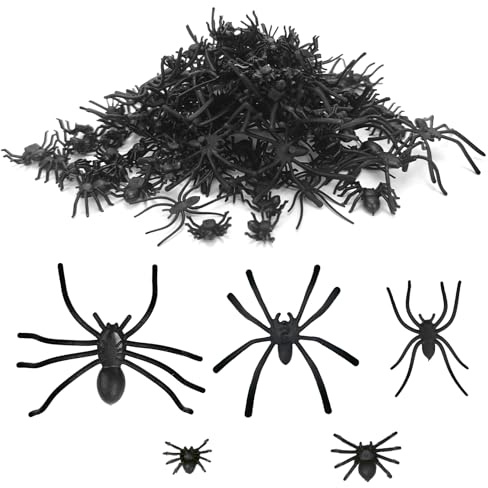 Affivia 5 Größen Plastik Spinnen Halloween Deko 1,5-5cm, 150 Stück Spinne Deko, Plastikspinne Klein, Grusel Plastikspinnen Halloween Streudeko Tischdeko, Scherzartikel Fake Spinnen für Helloween Party