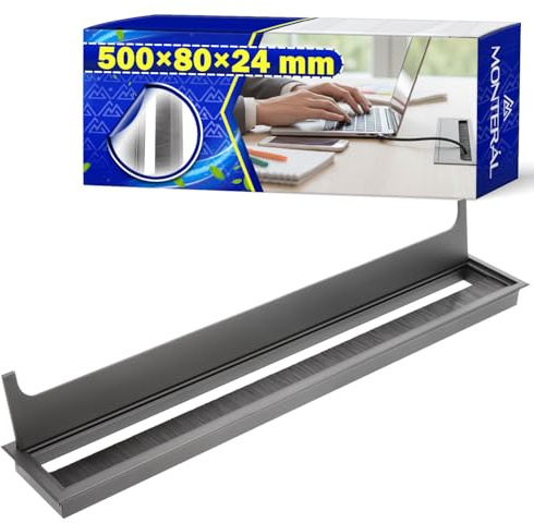 MONTERAL Tapa Pasacables Escritorio 500x80 mm H24 mm Color Negro | Pasacables Mesa Escritorio con Cepillo - Garantía de 10 Años - MONTERAL