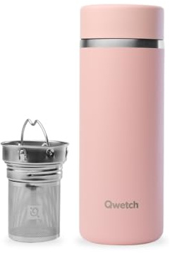 Qwetch Thermoskanne für unterwegs, 400 ml, mit 2 Filtern, 12 Stunden heiß/24 Stunden kalt, wasserdicht, wiederverwendbar & langlebig, für Tee, Kaffee, Kräutertee, Obst (Pastellrosa)