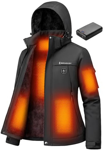 Brimekey Giacca da Sci Donna Riscaldata Grafene, Impermeabile e Antivento Giubbotto Termico in Pile con Batteria 20000mAh, 6 Zone di Riscaldamento, 3 Livelli di Temperatura per Sci, Campeggio(Nero)