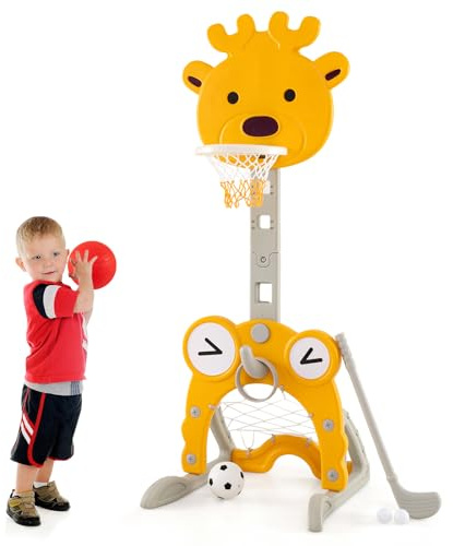 GOPLUS 4 in 1 Kinder Basketballkorb, Kinder Basketballständer Höhenverstellbar mit Golf, Fußball, 4 Ringwurf & Basketball, Fußballtor-Ballspiele, interaktives Lernspielzeug für Kleinkinder (Gelb)