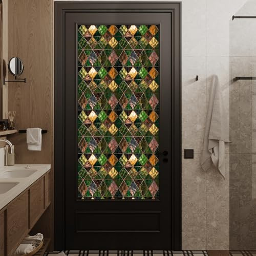 Fensterfolie Blickdicht Grünes Gold Mosaik Klebefolie Fenster Statische ohne Klebstoff Window Film für Badezimmer Büro Wohnzimmer Sichtschutzfolie Fenster Blickdicht von Außen 43x200 cm(1 pcs)