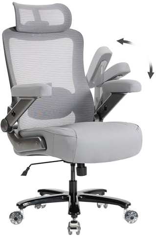 AISALL Ergonomischer Bürostuhl mit Lordosenstütze & Kopfstütze, bis 350 kg belastbar, Höhenverstellbar, Mesh-Rückenlehne mit Kippfunktion, Verstell- & Klappbare Armlehnen, Breiter Sitz, Grau