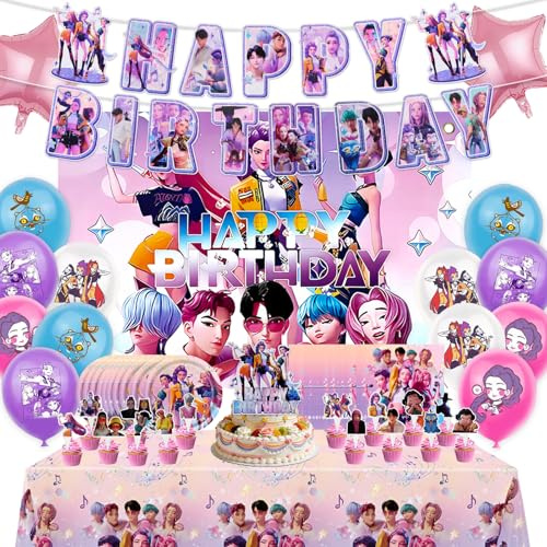 60 PCS Geburtstag Deko Set Mädchen, Rosa Partyzubehör mit Hintergrundtuch, Sternfolienballons, Latex Luftballons, Geburtstagsbanner, Teller Servietten Tischdecke Kuchendeckel