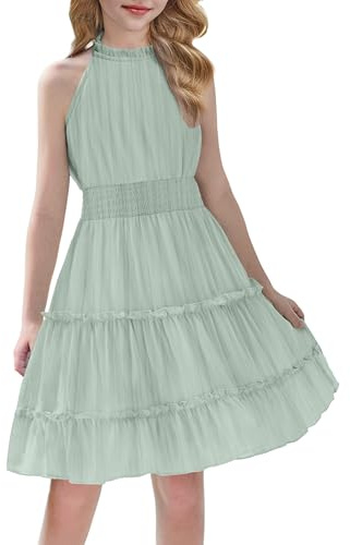 Arshiner Robe Filles Vert sans Manches Mousseline élégante Robe de Fête à Col Rond pour Enfants Robes Décontractée Enfants Festive Unie Robes Anniversaire pour Fille 9-10 Ans