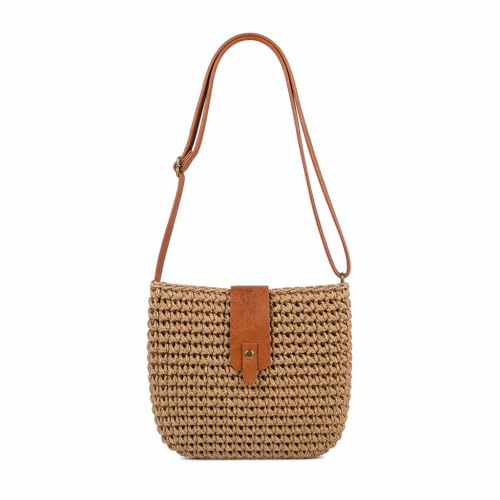 Duronge Boho Strohtasche für Damen, Handgefertigte Korbtasche mit Reißverschluss, Sommer Basttasche als Umhängetasche, Leichte Gewebte Tasche für Party, Strand, Urlaub und Reisen, Braun
