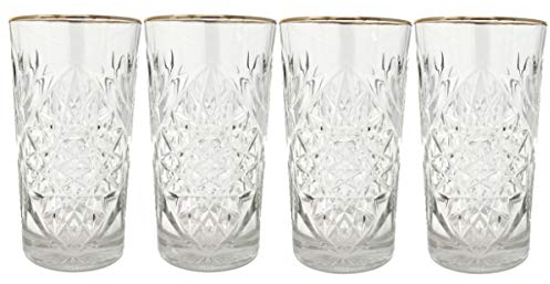 Libbey - Hobstar - Longdrinkglas, Wasserglas, Saftglas - Kristall - mit edlem Goldrand - 4 Stück - 470 ml