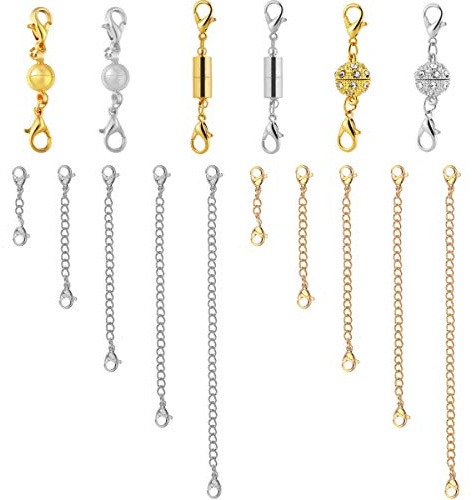 Netspower Verlängerung Kette, 16 Stück Edelstahl Halskette Extender Kette Armband Magnetische Schmuck Verschlüsse Magnetverschluss Karabinerverschlüsse für Halskette, 8 Größen