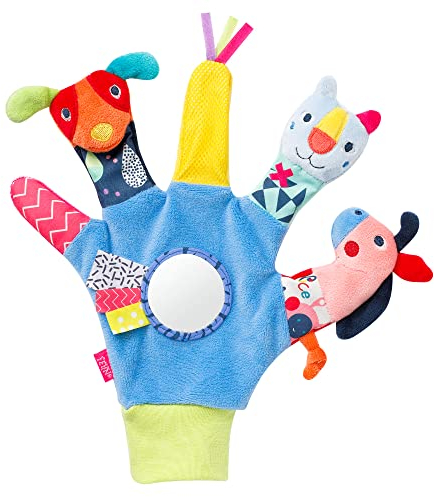 Fehn Spielhandschuh Color Friends – Fingerpuppen Baby Spielzeug Hund, Katze und Pferd zum Greifen & Geräusche erzeugen – Handpuppen für Babys ab 0+ Monaten - Puppenhandschuh mit Rassel & Quietsche