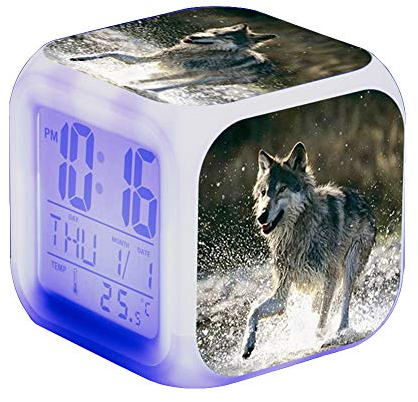 Despertador infantil con luz LED nocturna, cuadrado iluminado, pantalla LCD, reloj despertador, regalo con diseño de lobo (#13)