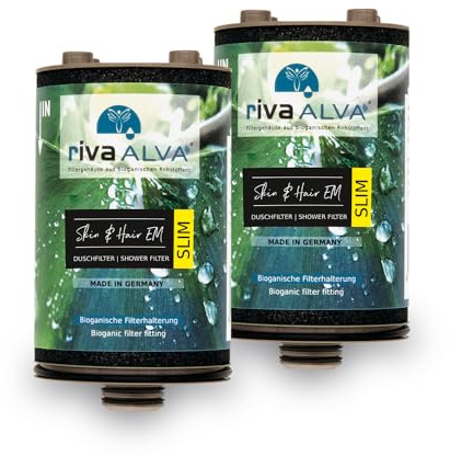 rivaALVA Skin & Hair EM SLIM Duschfilter 2er Set Ersatzkartuschen - Blockaktivkohle mit EM-Keramik, filtert Chlor, Schwermetalle, Mikroplastik