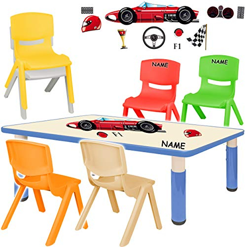 alles-meine.de GmbH Sitzgruppe für Kinder - Tisch + 6 Kinderstühle - Größen & Motiv & Farbwahl - Auto - Rennwagen/blau - inkl. Name - höhenverstellbar - 1 bis 8 Jahre - Plastik..