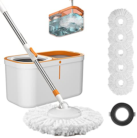 Boden-Schleudermopp und Eimer-Set mit Auswringer-System, verlängerter Edelstahlgriff, 154 cm, für die Reinigung von Boden, mit 5 Ersatzkopf-Nachfüllung und 1 Reinigungsbürstenkopf | Freihändiges Auswringen mit 1 Bürste, Edelstahlgriff, geeignet für Fliesen, Hartholz, Laminat, einfache Schmutzentfernung