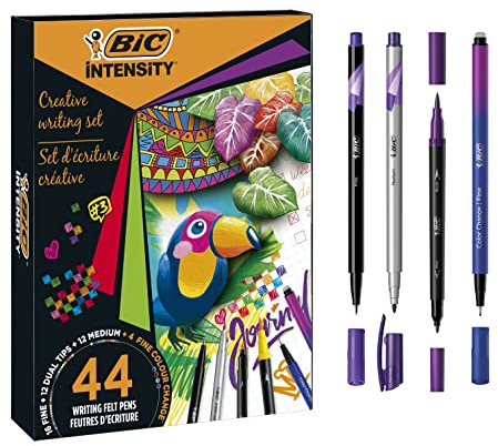 BIC Intensity Stifte Set à 44: 12 Dual Tip Brush Filzstifte und 3 verschiedene Fineliner Arten: 12 mit mittlerer Spitze, 16 mit feiner Spitze und 4 mit 'Colour Change' Funktion