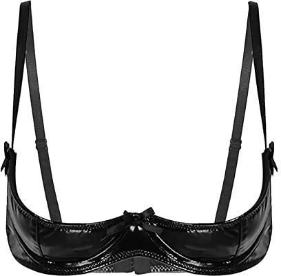 Kaerm Womens Patent Leather Underwired Push Up Shelf Bra Top Wet Look 1/4 Cups No Padded Bralettes Lingerie Black 5XL