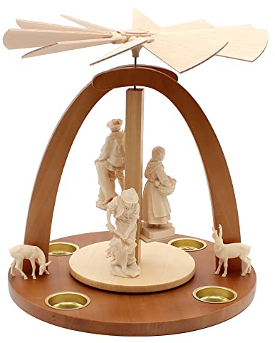 Dekohelden24 Pirámide de Madera de Haya con Figuras de Bosque tirolés talladas a Mano y Ciervos, para 4 Velas de té L/B/H Aprox. 28 x 28 x 30 cm, Jnatur, 30 cm