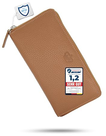 Baur - Damen Geldbörse echtes Leder (Silber Reißverschluss, Cognac) | Großes Portemonnaie, RFID-Schutz, 12 Kartenfächer, silberner Rundum-Reißverschluss aus Metall, geprägtes Rindsleder