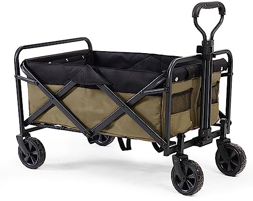 WYJRO Khaki Bollerwagen Faltbar,Grün Faltbar Garten Handwagen Breite Reifen Transportwagen Kapazität 90L Mit Seitentasche Verstellbarem Griff,Bis 80Kg Tragkraft,(b) Green