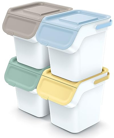 IMJ-Global - Contenedores diferenciados de interior pequeños, juego de cubos de basura diferenciada apilables (4 x 20 L), cubo de basura cómodo kit de recogida selectiva interior para casa, local