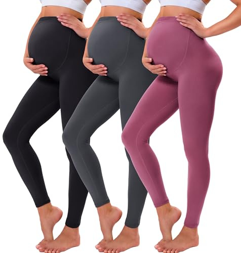VALANDY graviditetsleggings över bula smör mjukt magstöd töjbar justerbar hög midja graviditetsbyxor yoga pyjamas, 3-pack-svart/mörkgrå/mörkrosa, XL