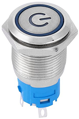 Interruptor de Botón Momentáneo, Interruptor de Botón Superior Plano de Acero Inoxidable de 16 mm con Símbolo de Encendido, Botón Pulsador de Metal de Reinicio Automático LED Azul(220V)