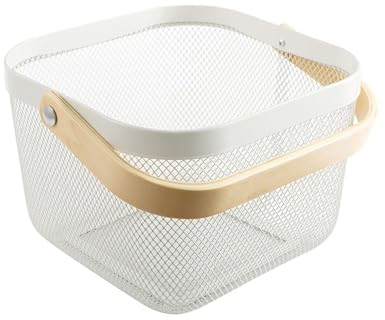 Gluhbirnen Körbchen mit Henkel, Netz Stahl Lagerung Aufbewahrungskorb, Aufbewahrungskorb Metall,Tragekorb, Ideal für Küche, Bad, Speisekammer, Regale, 21*21*18CM, Weiß