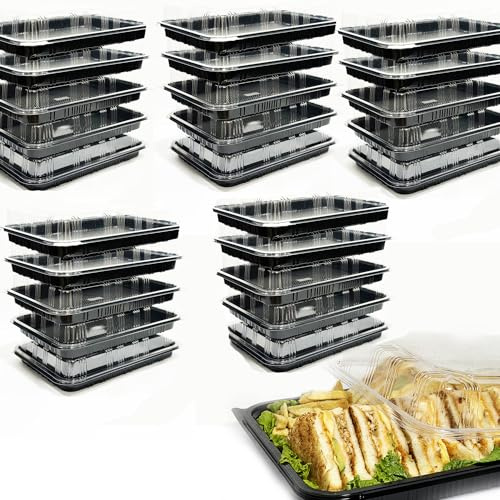 TRAYA Serviertablett mit Deckel, wiederverwendbar, Catering-Tabletts mit Deckel, 33 cm lang, für Mahlzeiten, Kuchen, Leckereien und Sandwiches (34 x 24 x 7,5 cm), 25 Stück