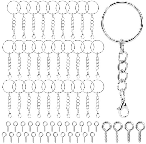 60 Stück Schlüsselanhänger Schraubösen Schlüsselanhänger Ring Set Schlüsselring Basteln Set mit Kette Karabinerverschluss DIY Schlüsselringe für Schlüssel-Taschen Schmuckherstellung