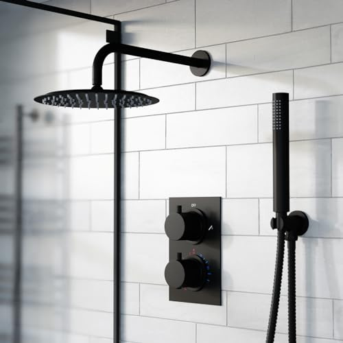 Nes Home Folke 2 Dial 2 Way Round Concealed Thermostatic Shower Mixer Valve, Shower Head, and Handset Matte Black