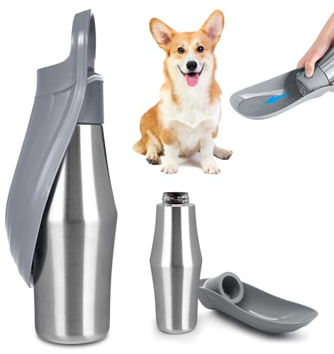 BYZESTY Gourde pour chien, 750 ml, pliable à 180°, portable, en acier inoxydable, gris, pour chien, extérieur