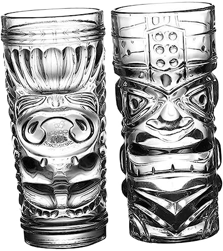 Ciieeo Set 2 Bicchieri Da Cocktail in Vetro Grande Capacità 420ml, Bicchiere Di Vetro Creativo a Tema Tiki Base Piatta, Bicchieri Da Bar Stabili Per Casa, Ufficio e Ristoranti