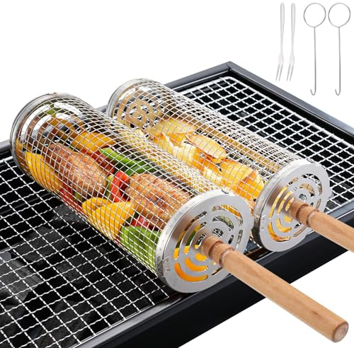 Fentar 2stk Grillkorb Edelstahl, Drehbarer Gemüse Grillkorb mit Holzgriff, Rund Grillnetz Grill Zubehör, Geschenk für Grillfans, Zylindrischer Grillkorb, Rolling Grillrolle für Gemüse Fisch Grillen