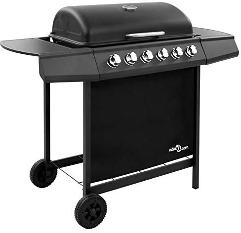 IKAYAA Barbacoa a Gas Acero Inoxidable con 6 Quemadores, Barbacoa Portatil, Termómetro, Rejilla de Acero Inoxidable - Barbacoa con Ruedas, 2 mesitas auxiliares Negro