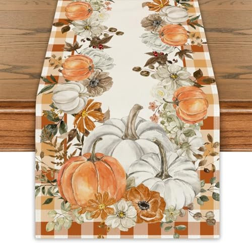 Herbst Tischläufer 33x183cm, Thanksgiving Kürbisse Ahornblätter Küche Tisch Dekoration für Drinnen und Draußen