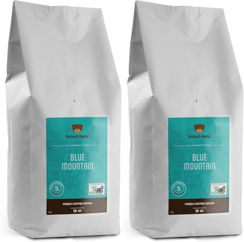 Blue Mountain Medium Roast Coffee Beans 2kg - 2 x 1kg Bundle - Brown Bear - For All Coffee Machines - Strength 3 - Donation to Free The Bears - 100% Arabica
