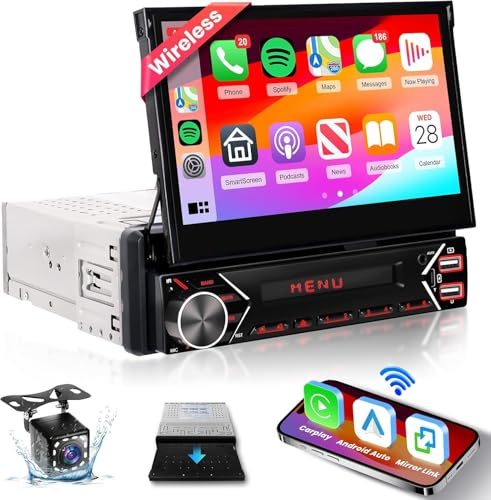 Podofo Single Din Car Stereo Radio with Wireless Carplay Android Auto, 7 Inch Touch Screen Flip Out Head Unit with Bluetooth 5.1 FM Mirror Link Dual-USB/Type-C/AUX-in Slot SWC Rear Caemra