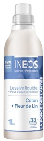 Lessive Liquide Concentrée Hypoallergénique INEOS, Un Nettoyage Imbattable Grâce Au Pouvoir Des Plantes, Adaptée Aux Peaux Sensibles, Efficace Dès 20°C, Parfum Coton et Fleurs de Lin, 1L (33 lavages)