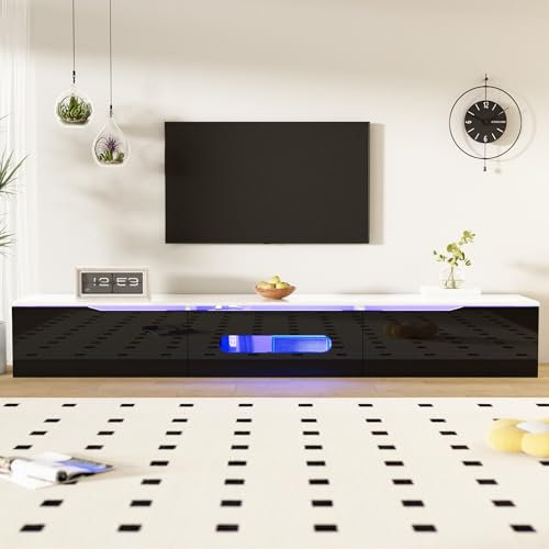 Meuble TV Brillant au Design Noir et Blanc, Longueur 180 cm, Meuble TV bas avec éclairage LED 16 Couleurs, Montage Mural/Sur Pied, Grand Espace de Rangement, Banc TV pour TV jusqu'à 70, Meuble Salon