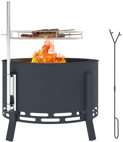 Outsunny Portable Fire Pit, 58 cm Round Firepit with Grill Grate, Fire Bowl with Ash Catcher and Poker, Fire Pit BBQ for Garden Camping Bonfire Picnic, Black