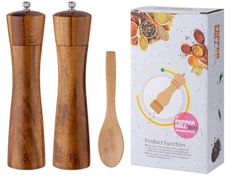 Wooden Pepper Mill Pepper 8.46Inch Updated Manual Wooden Peppers Shaker Set Spice Grinder refillable Wood Salt Mill Peppers Shaker Kit Manual Mills Solid with Strong Adjustable Grinders