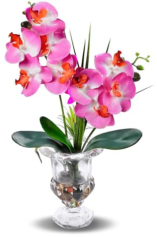 Alyphyly Artificial Flower Bonsai with Wine Glass Vase Vivid Orchid Flowers Arrangement Phalaenopsis Flowers Pot for Home Office Décor Table Centerpiece House Decorations(Glass Vase/Purple Orchid)