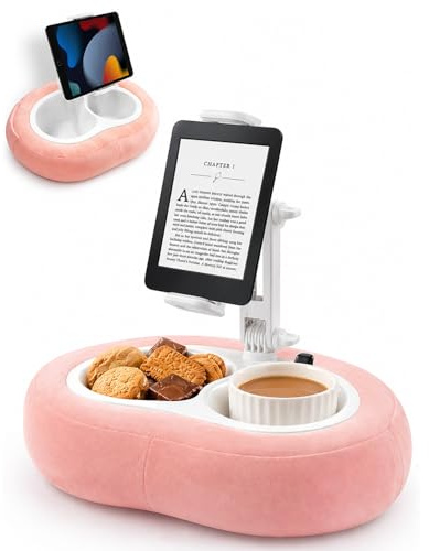 Tablet Pillow Stand, Kindle Holder for Reading in Bed, Phone Holder, Pink | 360° Adjustable Viewing Angles, Snack Tray & Cup Holder, Soft Washable Cushion, Fits 5-12.9in Devices for Hands-Free Viewing