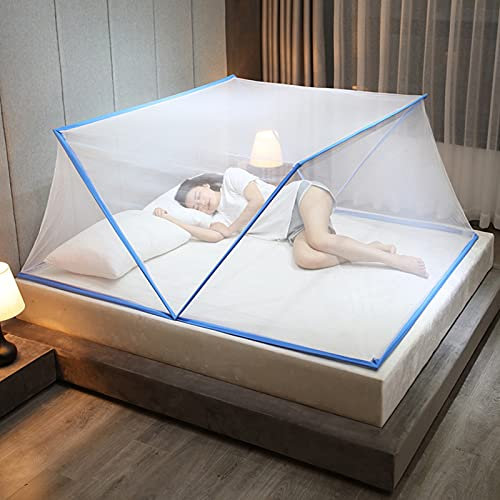 BCATTAW Zanzariera Pieghevole per Letto A Baldacchino per Camera da Letto Tenda per Zanzare per Portatile Traspirante 100% Poliestere Senza Fondo,Blu1,per Letto da 1,8 m