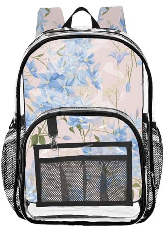 FRODOTGV Blue Clematis Flowers Kids Clear Backpacks for School Clear Bookbag for Adults Seethrough Heavy Duty Bag, Blue Clematis Flowers, One Size