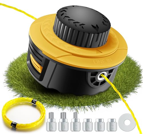 Fadenkopf für Motorsense mit Trimmerfaden,Einfaches Tap & Go System,Universal passende Fadenspule mit 6 Gewindeadapter,für die meisten Akku-Rasentrimmer und Akku-Freischneide (Gelb)