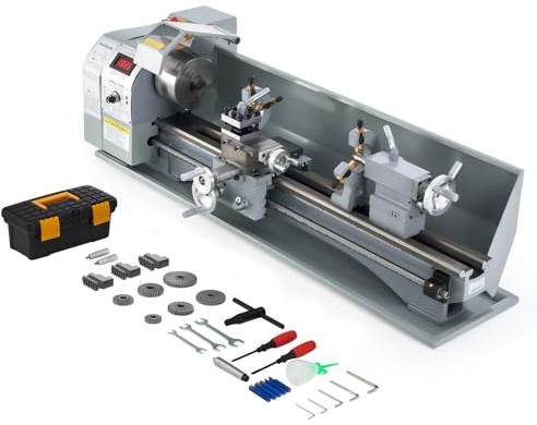 CREWORKS 1100W Mini Tour à Métaux d'Établie 220x750mm 9x30 Haute Précision avec Mandrin à 3 Mâchoires et Vitesse de Broche Max. 3000rpm Écran LCD pour Filetage Tournage Perçage